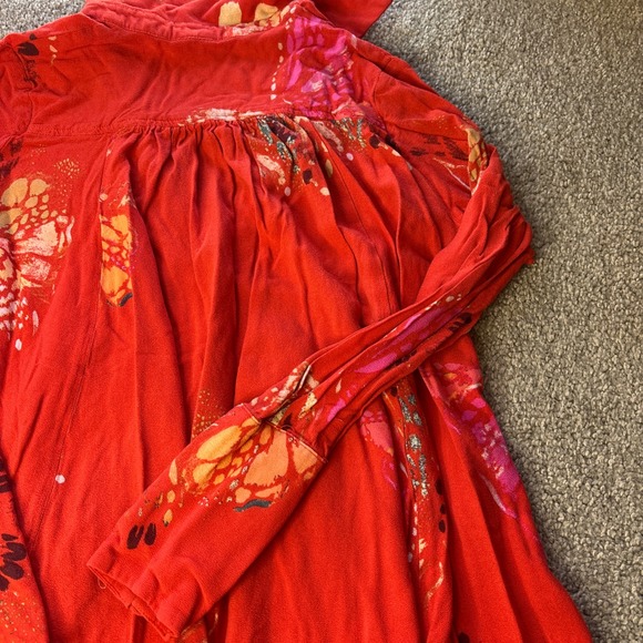 Free People tunic top womens small Red orange Butterfly Print High Low Boho - Picture 7 of 13
